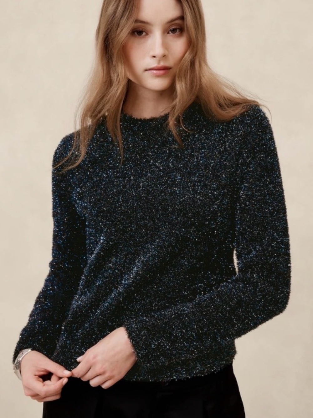 Banana Republic Tinsel Eyelash Sweater Black Blue Metallic Holiday Party Size M
